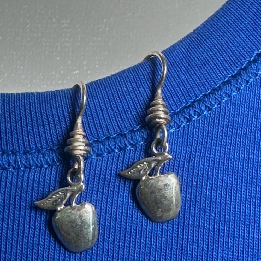 Silver Apple Charm Drop Earrings for Women